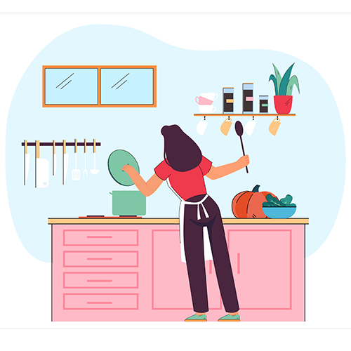 Woman standing near stove in kitchen holding spoon